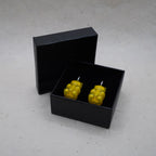 Yellow gummy bear skeleton earrings presented in black gift box, transparent resin handmade jewelry ready for gifting