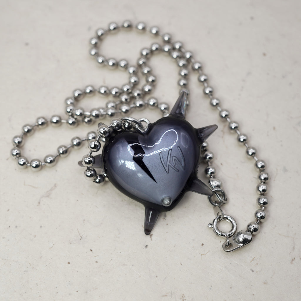 Spiked heart pendant on rhodium plated ball chain, modern goth statement necklace, glossy black resin heart with spikes and crack