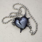 Spiked heart pendant on rhodium plated ball chain, modern goth statement necklace, glossy black resin heart with spikes and crack