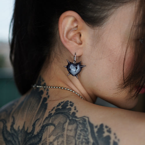 Spiked heart earrings presented in black gift box, dark gothic handmade jewelry ready for gifting