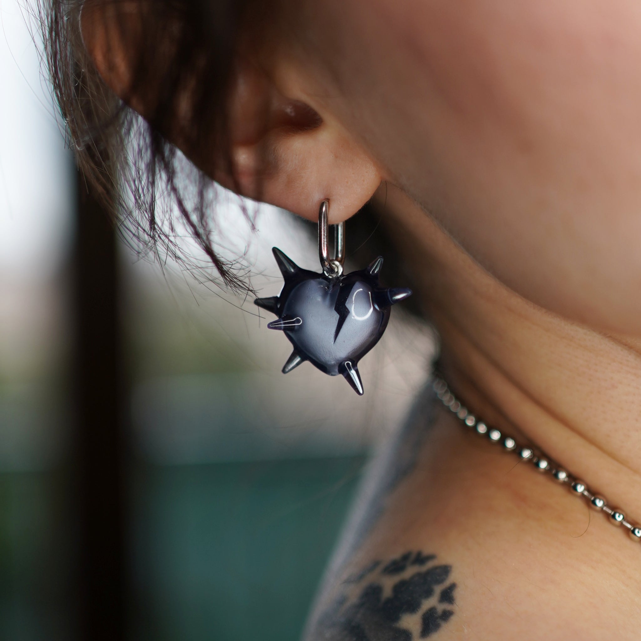 Spiked heart earrings presented in black gift box, dark gothic handmade jewelry